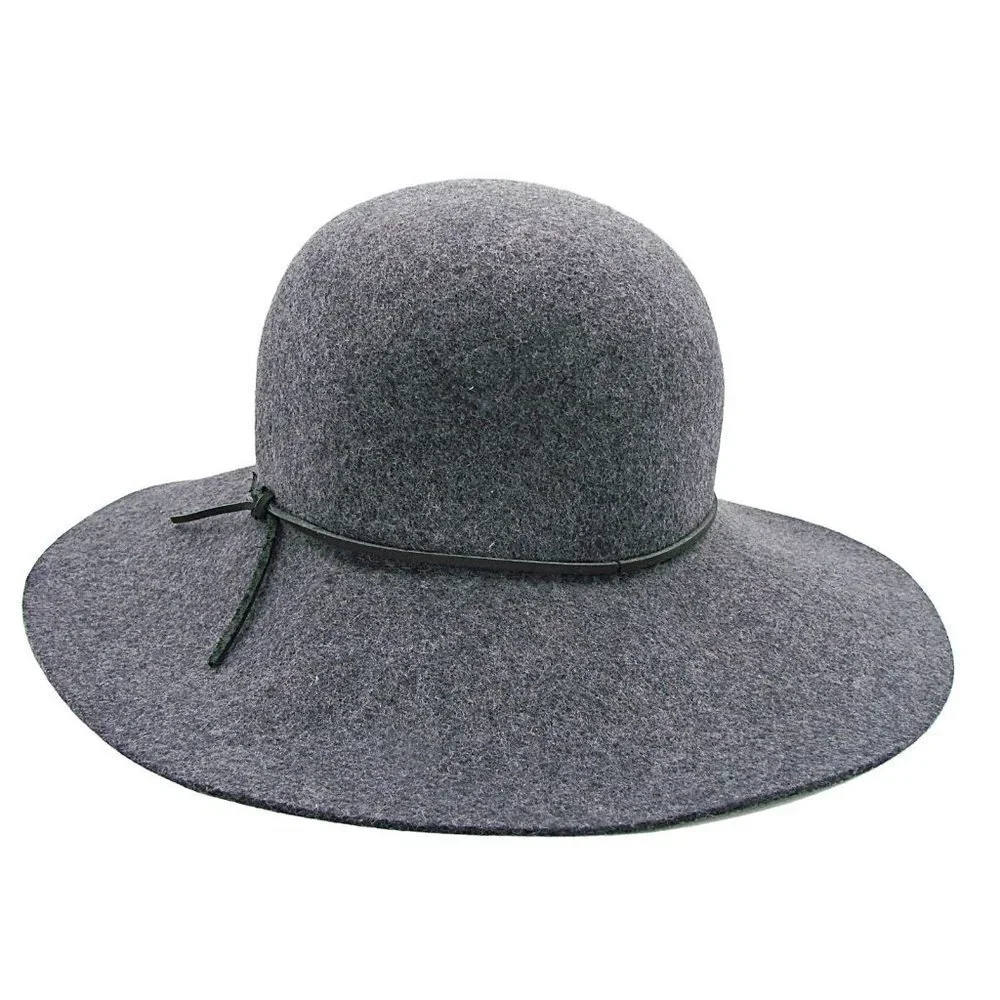 PHENIX Womens Wide Brim Floppy Hat Gray Wool Leather Trim One Size Event Church